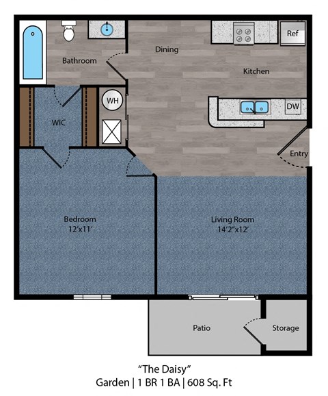 The Daisy 1 Bed 1 Bath Floor Plan at Bayside Apartment Homes, Hilliard, OH, 43026